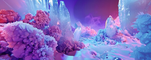 A stunning fantasy crystal landscape with vibrant colors and surreal formations, creating a mystical atmosphere.