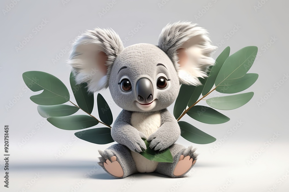Wall mural cuddly koala with big ears and a eucalyptus leaf, perched on a tree in 3d style on a white backgroun