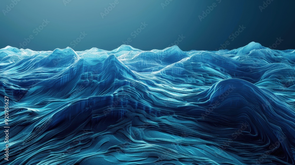 Poster abstract 3d rendering of a dynamic ocean surface with waves in varying shades of blue, depicted in a