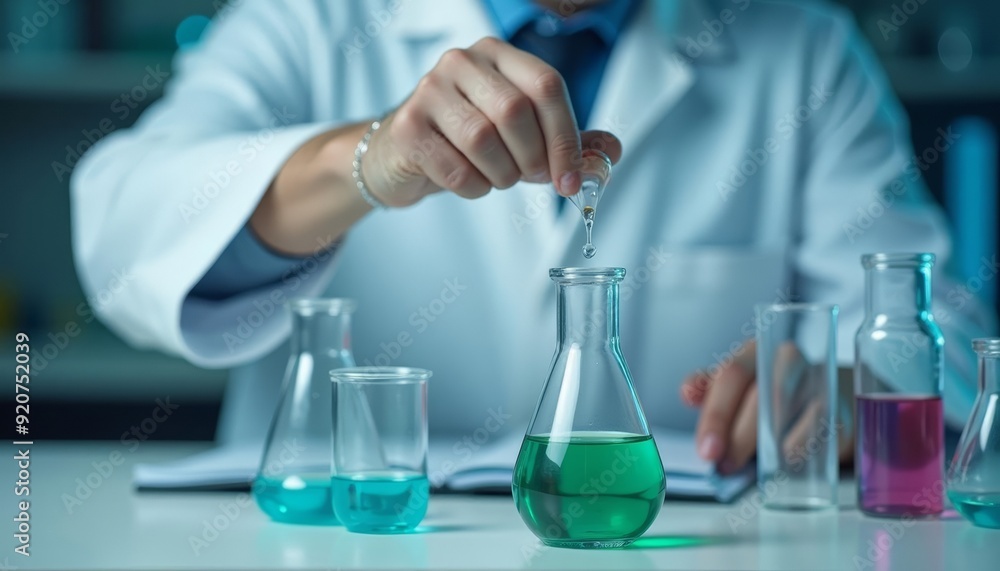 Poster experimenting with precision a scientist carefully adds a drop of green liquid to a flask