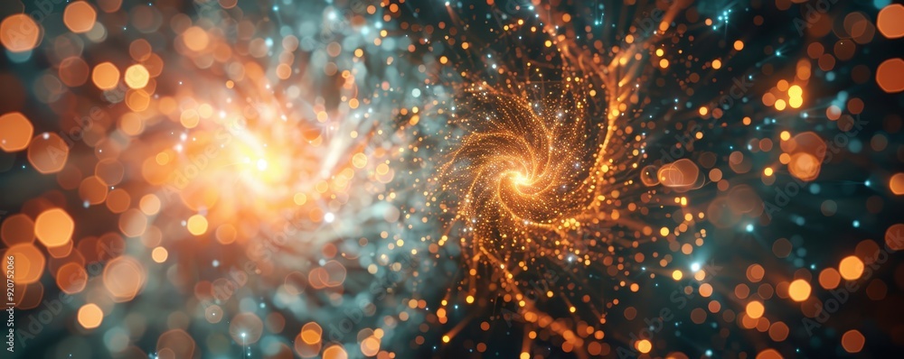 Poster abstract glowing spiral light patterns with bright bokeh, showcasing a mesmerizing blend of orange a