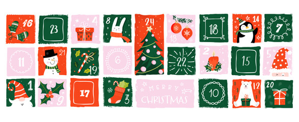 Cute hand drawn Christmas advent calendar. Lovely doodle drawings, vector design