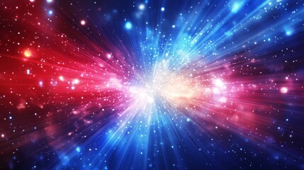 Blue and red background with light rays and stars, light blue background, blue lines, light beams of energy flowing from the center, light swirls, light particles moving in all directions, blue glow