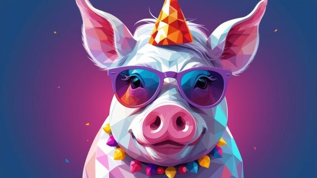 A cheerful cartoon pig with stylish sunglasses and a colorful unicorn horn, radiating joy and whimsy.