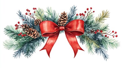 Watercolor Christmas wreath with red bow, pine cones, and berries.