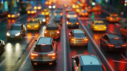 Busy urban street filled with cars during evening rush hour, illuminated by city lights and reflections on wet pavement.