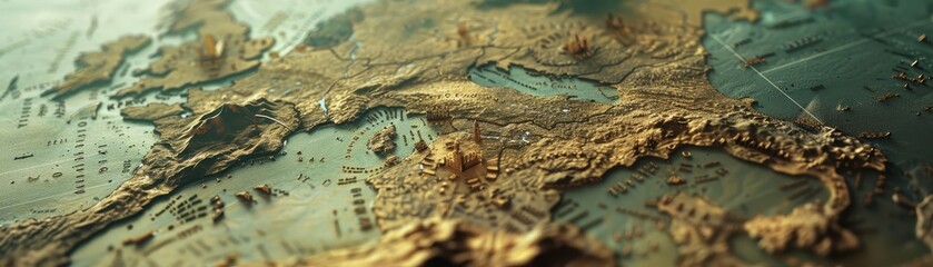 Naklejka premium Close-up detailed topographic world map showing intricate terrain, mountains, and geographical features in stunning texture and color.