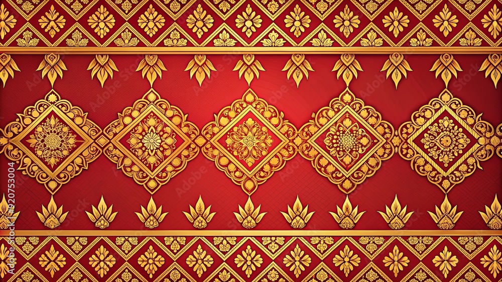 Wall mural thai-style patterned design with intricate gold and red details, thai, traditional, culture, intrica