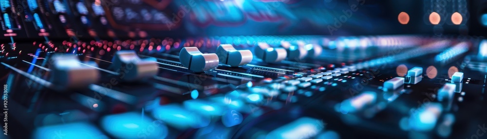 Poster close-up of a professional audio mixing console with glowing lights and sliders, representing music 