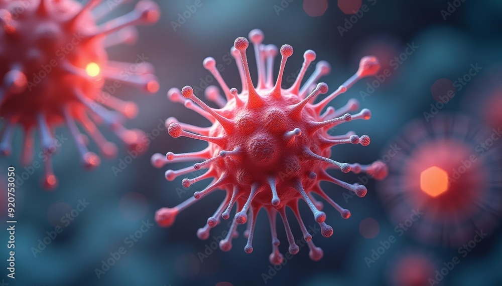 Poster viral particles in a microscopic view highlighting the intricate structure of a virus