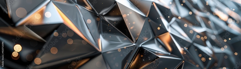 Poster close-up of abstract geometric shapes with metallic texture and light reflections, creating a futuri
