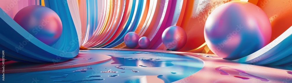 Poster colorful abstract background with vibrant swirls and spheres, creating a playful and energetic visua