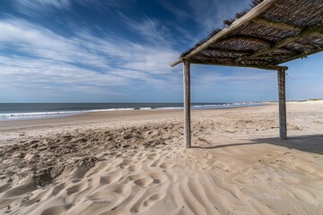 Obraz premium Cabines de bain multicolores alignées sur la plage déserte de Berck-plage au petit matin. Beautiful simple AI generated image in 4K, unique.