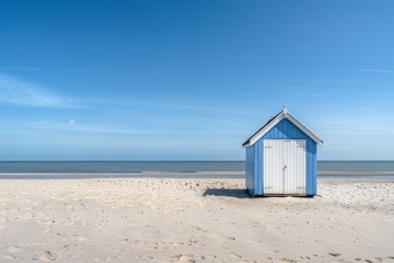 Cabines de bain multicolores align&eacute;es sur la plage d&eacute;serte de Berck-plage au petit matin. Beautiful simple AI generated image in 4K, unique.