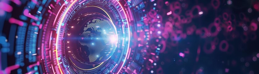 Digital abstract representation of the Earth with futuristic purple-pink lights and data streams illustrating global technology.