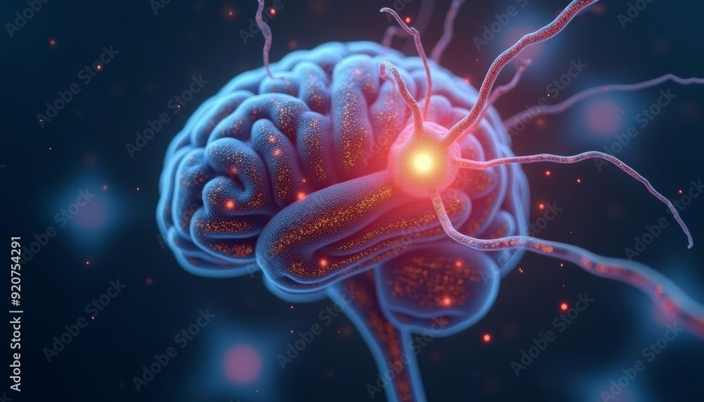 Poster neurological activity in a brain illuminated by a glowing neuron