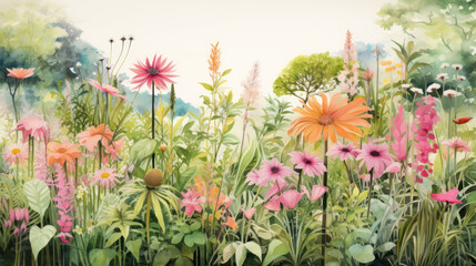 Vibrant garden, meadow filled with various flowers and plants. Dreamy and tranquil atmosphere.