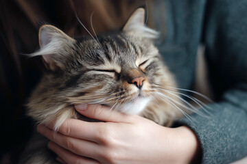 Close-up of a person's hands gently petting a tabby cat, with the cat looking relaxed and content.