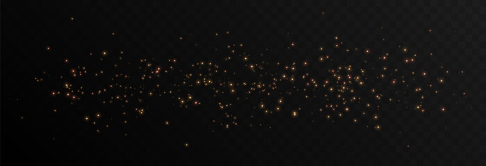 Vector gold dust png. Gold sparkles on isolated transparent background. Spraying glowing particles, glowing dust png. Light effect, Christmas light.