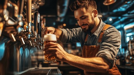 Bartender serving a freshly poured beer at a bustling bar in the evening