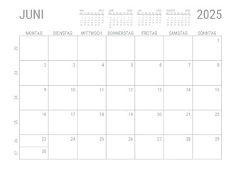 Monat Kalender Juni 2025 Monatskalender Kalenderblatt Kalendarium mit Kalenderwoche Planer DIN A4 Deutsch	