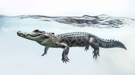 Naklejka premium A crocodile swims underwater in a clear river, with detailed visibility of its skin and teeth