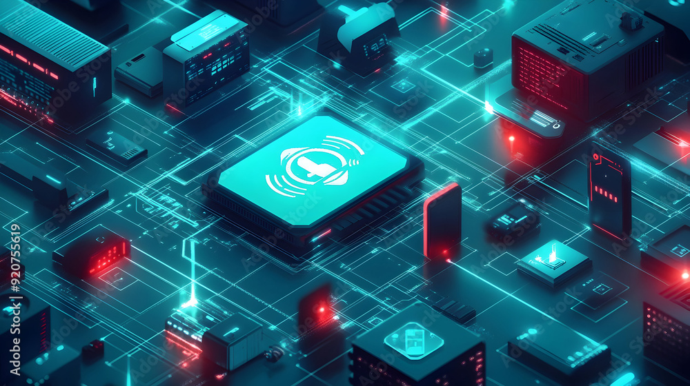 Poster internet of things (iot) security - a visual of iot devices being protected by cybersecurity measure