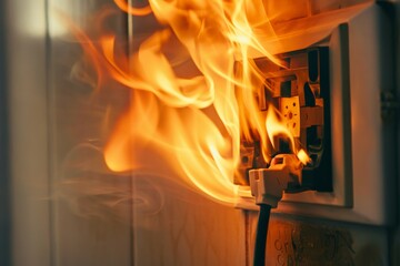 An electrical outlet with a plug is engulfed in intense flames, representing a significant fire hazard and highlighting the dangers of electrical malfunctions in homes or buildings.