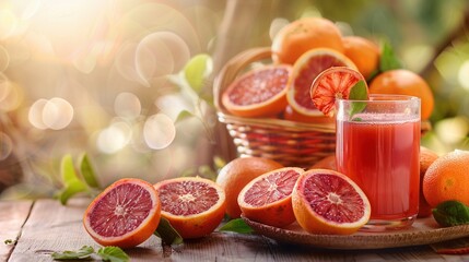 A glass of juice and fresh red blood orange fruit closeup view