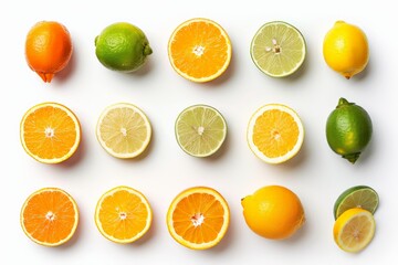 Fototapeta premium Photograph of a collection of citrus fruits, including oranges, lemons, and limes, on a solid white background. Sharp and detailed --ar 3:2 --style raw Job ID: cfddb232-24d2-423c-aa6f-a4349c1bd9b5