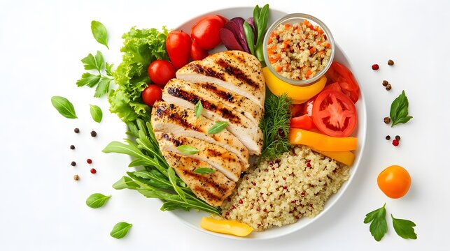 hyper real photography A top-down view of a healthy meal with grilled chicken, quinoa, and assorted vegetables on a clean white background, highlighting a balanced and nutritious diet