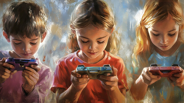 Kids Engaged in a Handheld Gaming Tournament - A depiction of kids with handheld gaming devices, enthusiastically competing against each other in a friendly tournament