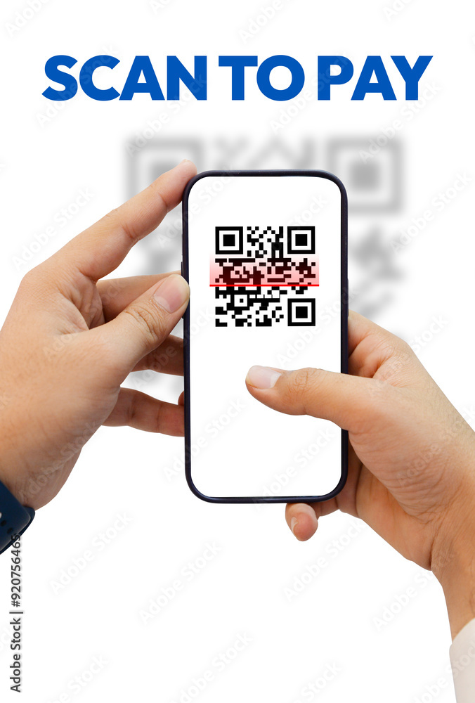 Poster scanning qr code to pay online concept background with hands capturing.