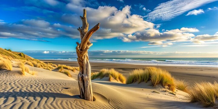 Driftwood totem standing on Ohope dunes, driftwood, totem, Ohope, dunes, nature, beach, New Zealand, coastline, art, sculpture