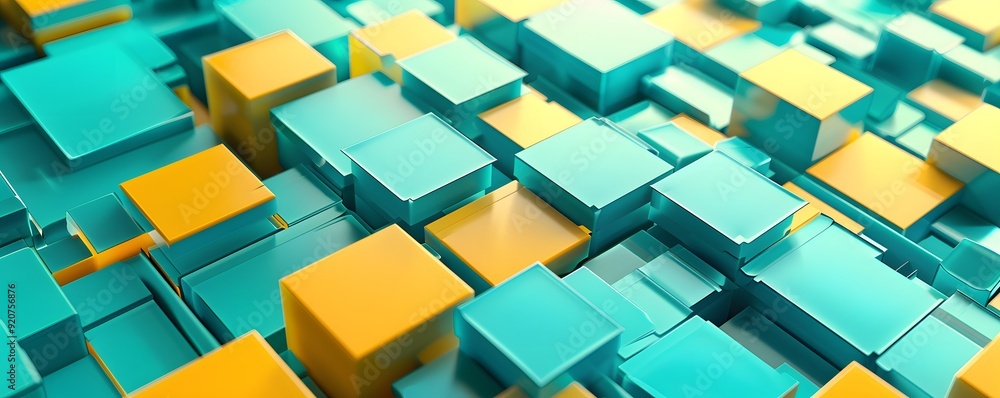 Poster abstract 3d pattern of interlocking blue and yellow cubes