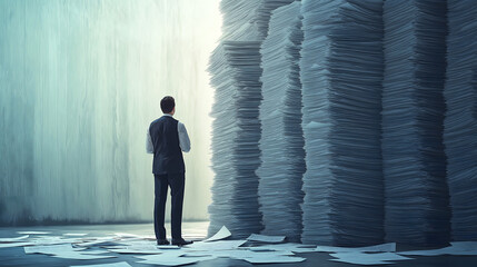 A lone businessman stands in front of towering stacks of paperwork, symbolizing overwhelming tasks, bureaucracy, and the challenges of handling excessive documentation.
