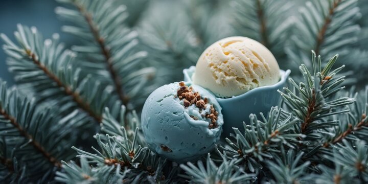 A scoop of creamy pastel blue ice cream flad with foraged blue spruce tips is as refreshing as a forest walk.