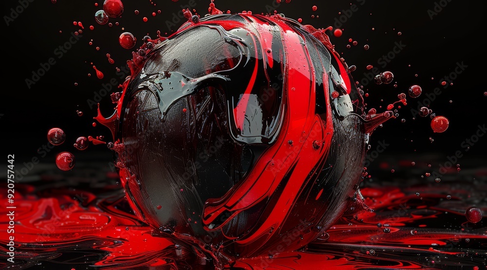 Poster this stunning 3d rendering features a solid black sphere against vibrant red splashes, creating a dr