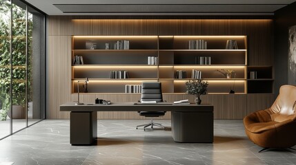 Modern minimalist office design with large desk and library