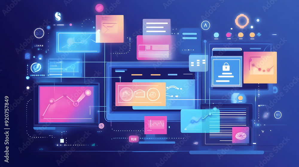 Poster - an illustration of marketing automation tools, displaying workflow diagrams and crm integration on