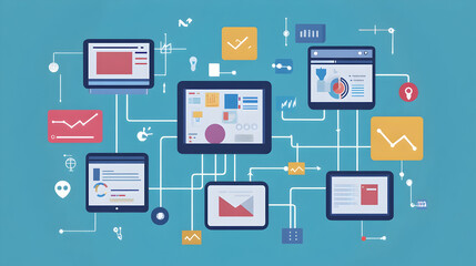 Marketing Automation Tools Featuring Workflow Diagrams and CRM Integration - A depiction of marketing automation tools, showcasing workflow diagrams and the integration of CRM systems on digital