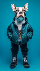 portrait of an anthropomorphic dog dressed in a stylish winter jacket and boots standing confidently against a vibrant blue background