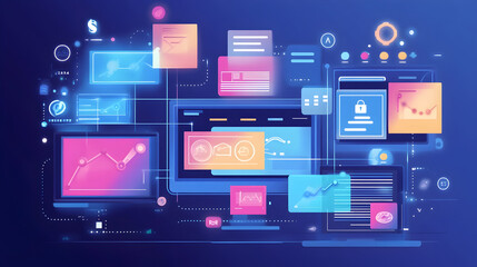Fototapeta premium - An illustration of marketing automation tools, displaying workflow diagrams and CRM integration on digital screens