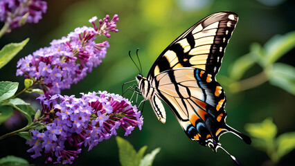 Obraz premium A swallowtail butterfly flits around a butterfly bush that is in bloom and has long, colorful flower spikes
