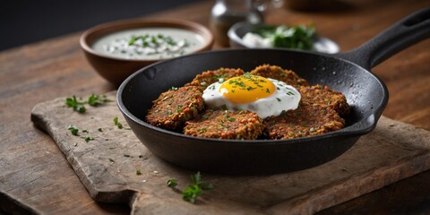 A skillet filled with sizzling buckwheat and vegetable fritters served with a tangy yogurt dipping sauce a tasty and vegetarianfriendly option.