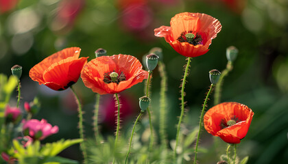 close up of red poppy flowers in a field