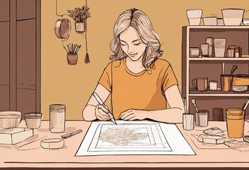 ketch of a White Woman Creating Crafts with Cricut and Tumblers on the Table