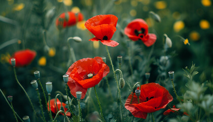 Obraz premium close up of red poppy flowers in a field