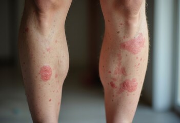 Fototapeta premium Man suffering from itchy eczema on legs, dry skin dermatitis, insect bites allergy - skin condition, medical, healthcare