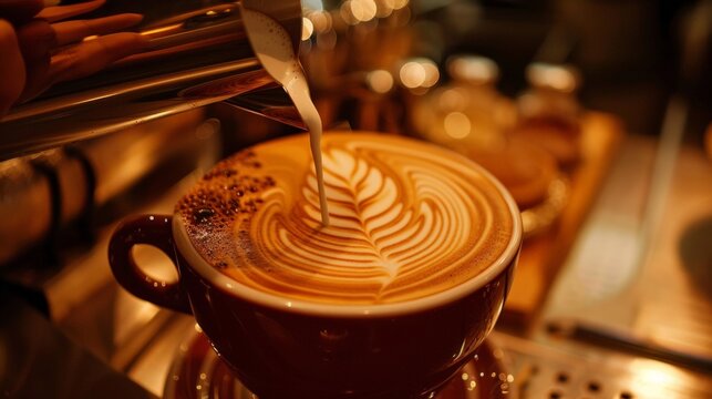 A hand pouring creamy steamed milk into a brown cup of coffee, creating an intricate leaf pattern in the froth, with a warm bokeh background enhancing the scene.